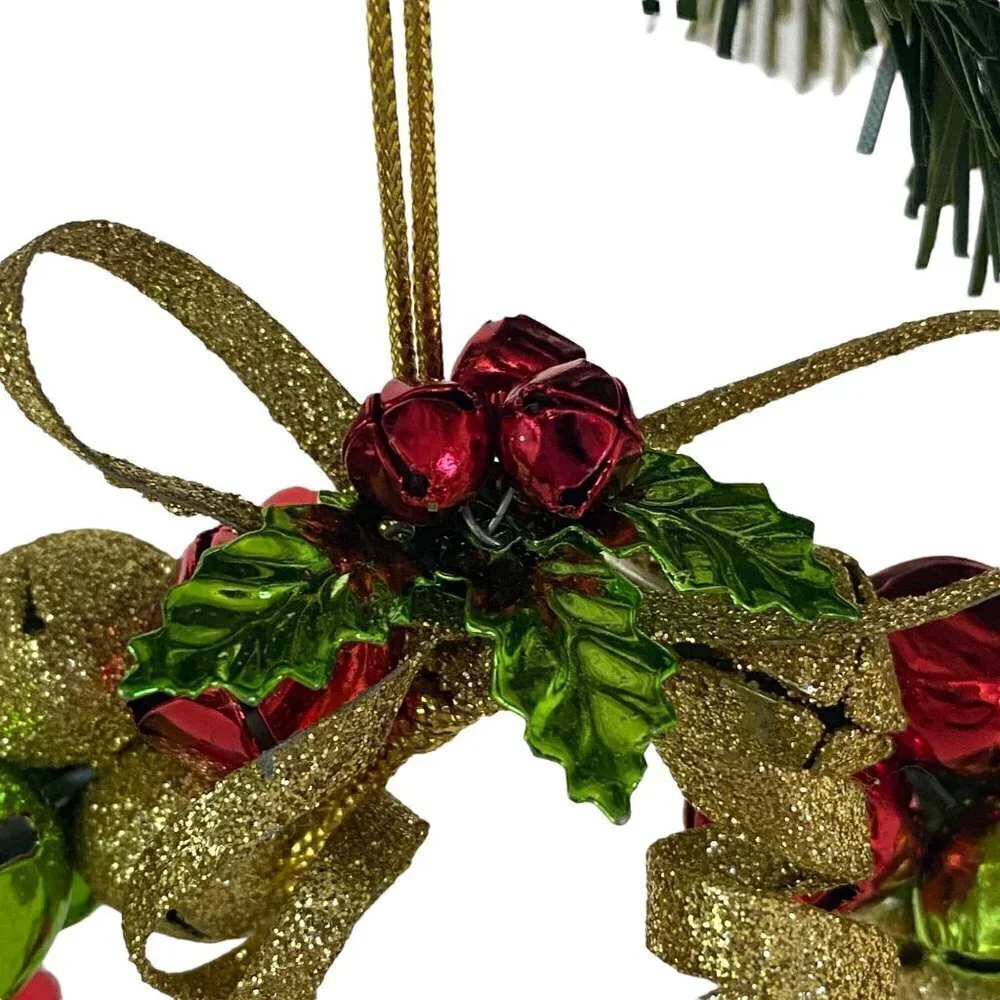 Jingle Bells Wreath Christmas Ornament Red Gold Green 3.5